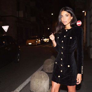 New Balmain velvet military padded shoulder cargo pocket long sleeve minidress